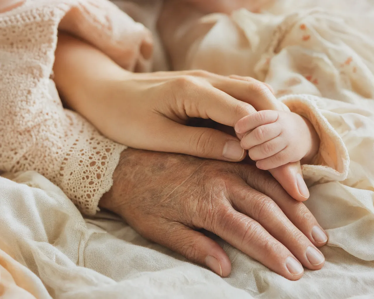 Drei Generationen Hände auf Leinen, eine Babyhand hält den Finger der Mutter