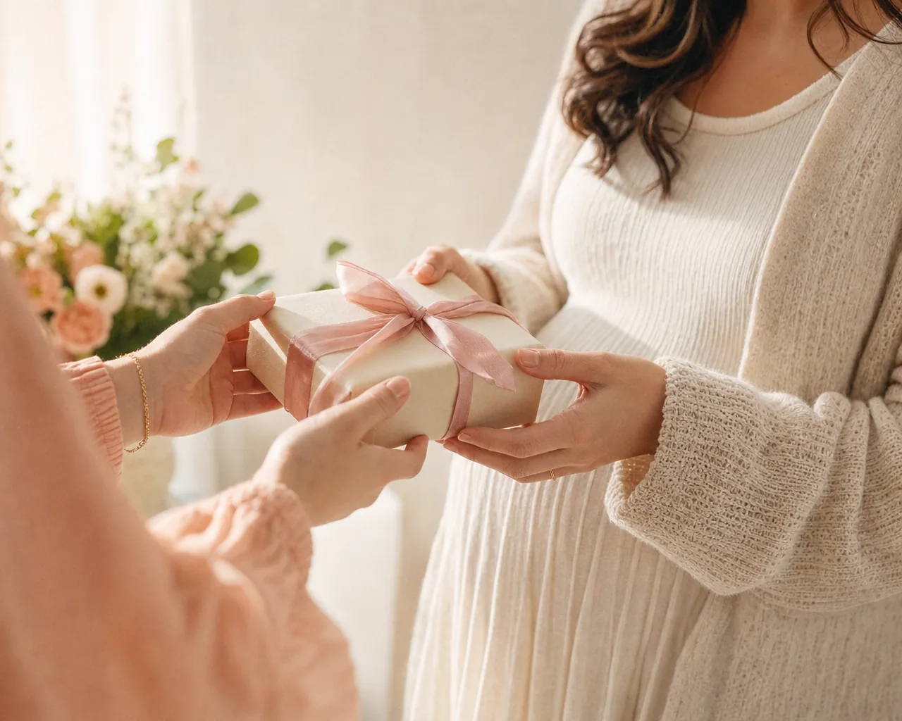 Eine Freundin überreicht einer Schwangeren ein Geschenk mit rosa Schleife
