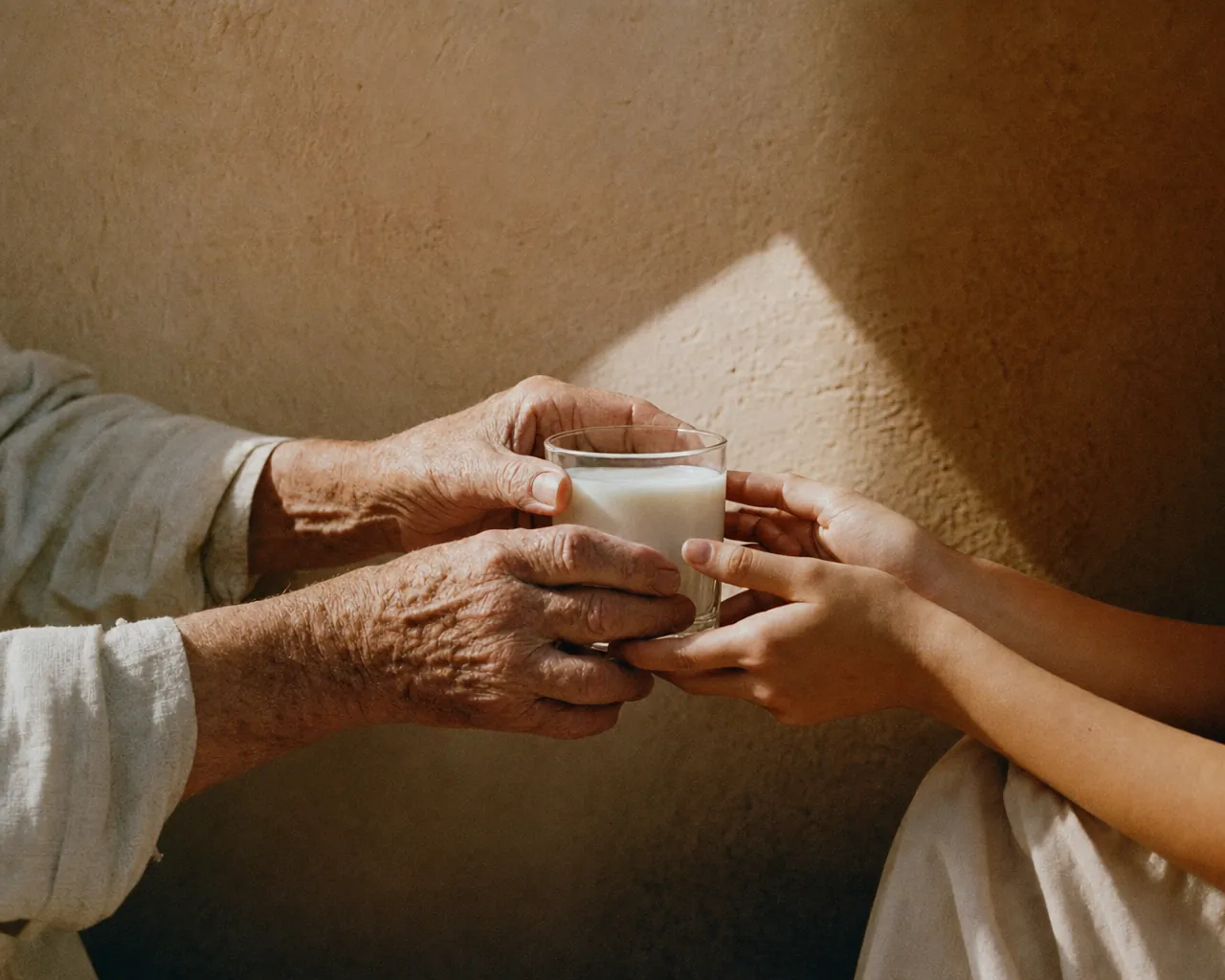 Eine ältere Hand reicht einer jüngeren ein kleines Glas Milch