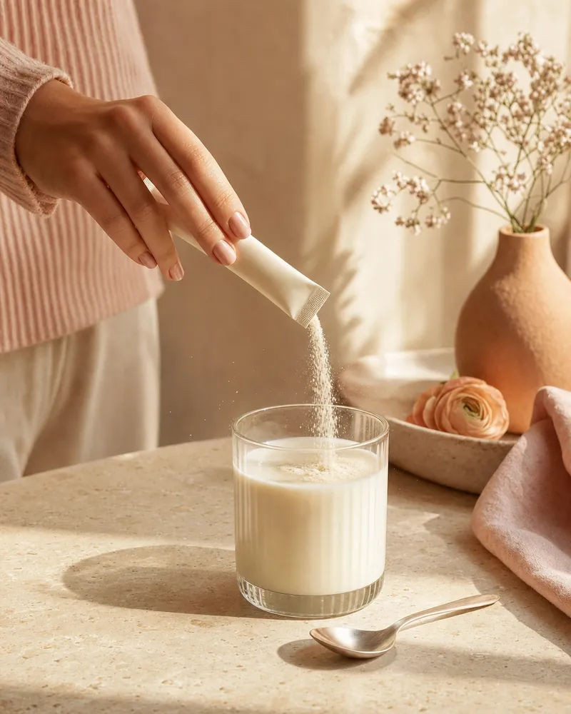 Das Pulver eines Sticks rieselt in ein Glas warmer Milch