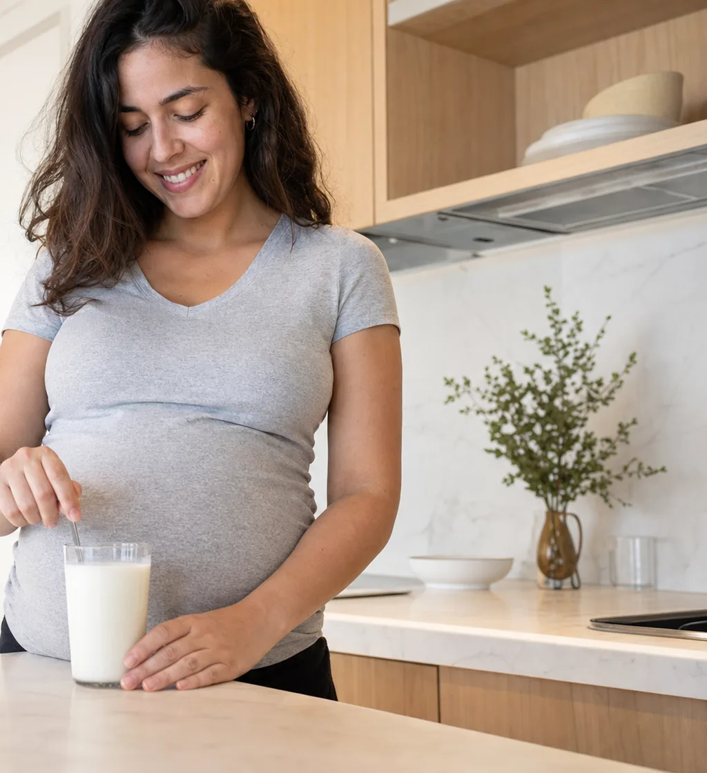 Schwangere rührt in ihrer Küche ein Glas Milch um