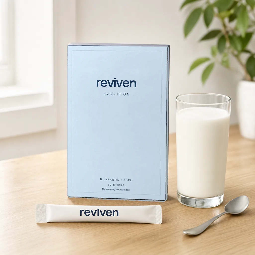 Packung, ein Stick und ein Glas Milch auf einem Holztisch im Tageslicht
