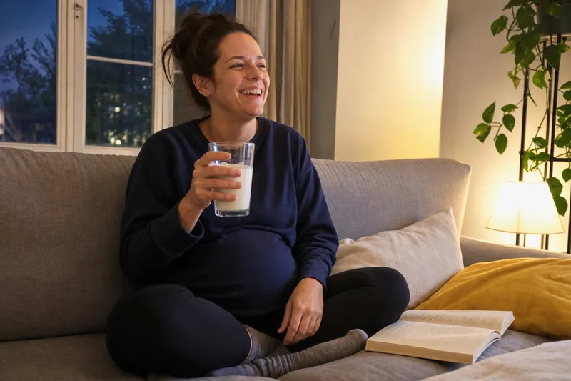 Schwangere sitzt abends mit einem Glas Milch auf dem Sofa und lacht