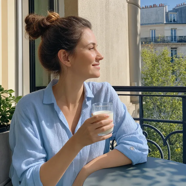 Frau sitzt morgens mit einem Glas Milch auf dem Balkon